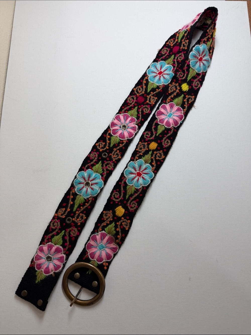 Embroidered Floral Black Belt with Pink & Blue Flowers